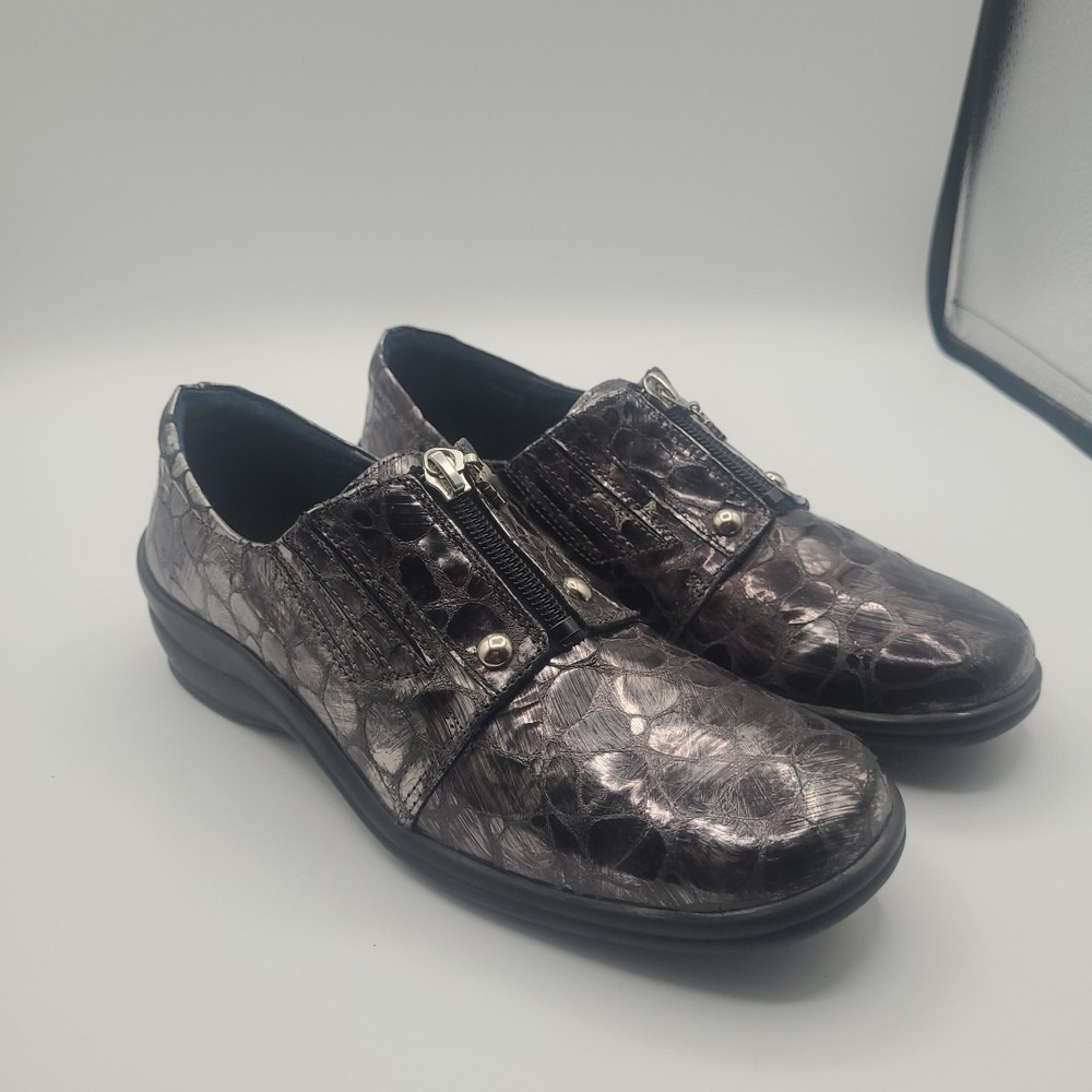 HELLE Fashion‎ Comfort Black Grey Leather Loafer Zip Nursing Shoes Womens  8.5